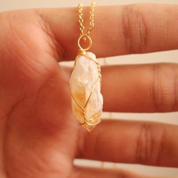 New Natural Citrine Wrapped Pendant Gold Chain Necklace - Picture 3 of 4